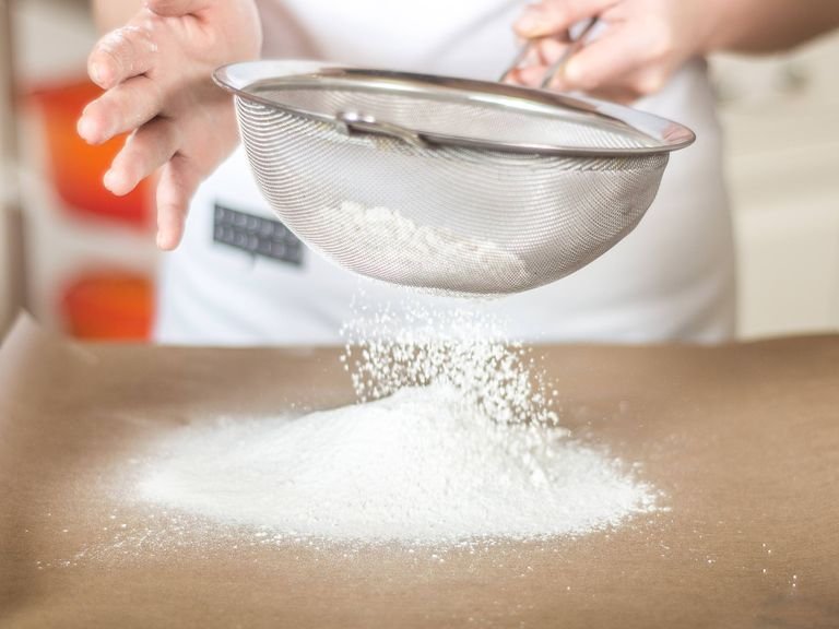 Sift and combine flour, cornstarch, and baking powder.
