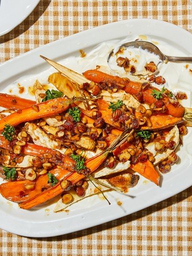 Roasted root vegetables with brown butter and hazelnuts
