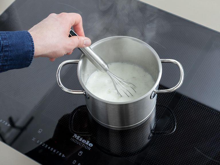 Mix remaining milk, starch, sugar, and egg yolks. Remove vanilla bean from the pot and gently re-heat vanilla milk. Slowly add starch mixture and stir thoroughly until sauce thickens. Add to a bowl, stirring often to avoid a skin forming.