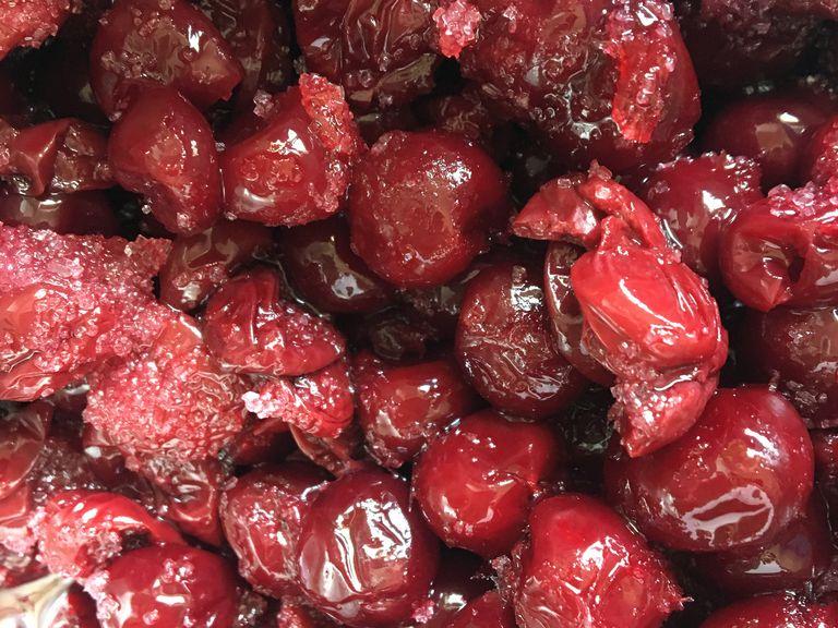 Back to sour cherries; place the saucepan over high heat, cook until the sugar has dissolved and the cherries start to reveal their water. Remove from the heat and set aside. If the juice is more than half a cup, place them over a colander to separate some of their juice.
