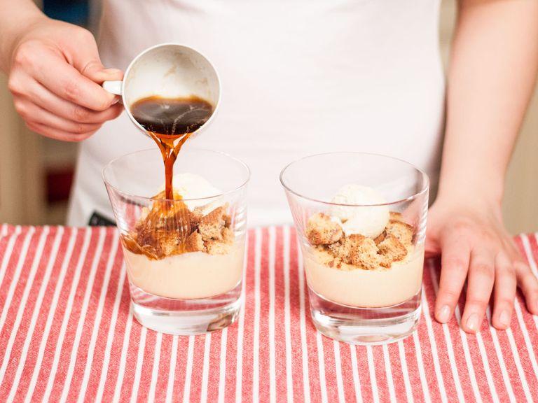 Top with a scoop of ice cream each. Prepare espresso, pour over ice cream, and serve immediately.