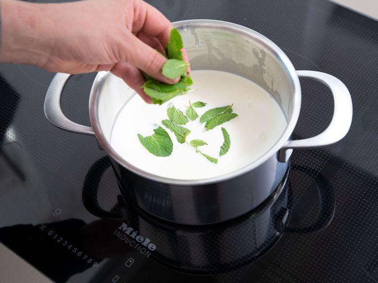 Combine the heavy cream and whole milk in a pot. Bring to a simmer over medium-high heat and add the mint leaves. Reduce heat, cover, and let the mint leaves steep for approx. 2 hrs.