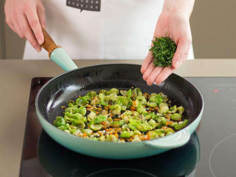 Sauté Brussels sprouts, carrot, celery, and sugar in some vegetable oil over medium heat for approx. 8 – 10 min. until nicely browned. Add parsley. Season to taste with salt, pepper, and nutmeg.