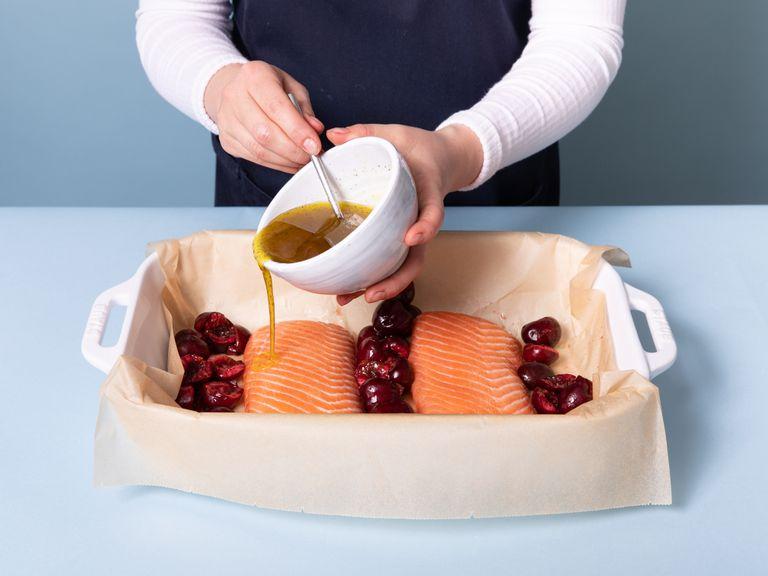 Place the salmon on a piece of parchment paper in a baking dish. Add cherries on top and pour the oil-honey marinade over everything. Roll and fold the parchment paper to keep all the juices in. Bake at 150°C/300°F for approx. 30 min., or until cooked through. Serve salmon with the parsley gremolata and enjoy!