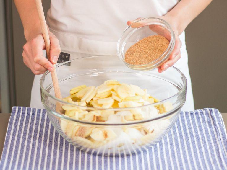 In a large bowl, thoroughly mix together apple, lemon juice, cinnamon, nutmeg, flour, sugar, and brown sugar.