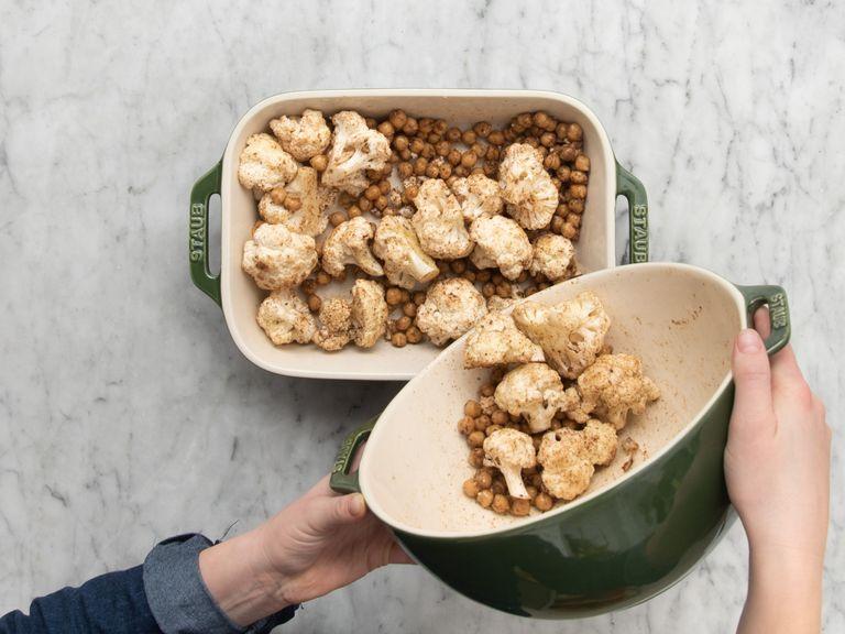 Add cauliflower, chickpeas, olive oil, ground coriander, ground cumin, and ground cinnamon to a large bowl. Season with salt and pepper and toss to coat. Transfer to a large baking dish and roast at 200°C/390°F for approx. 25 min., or until the cauliflower is fork tender.