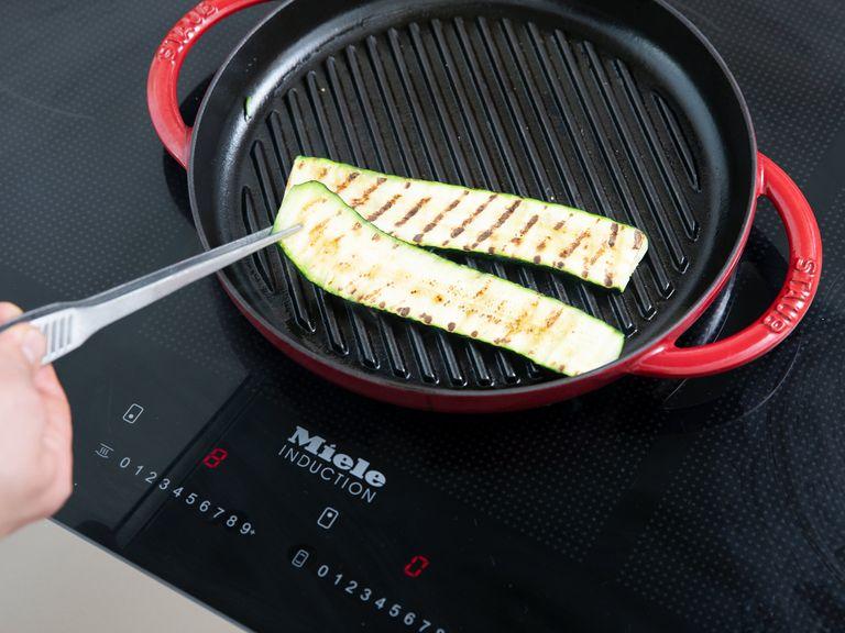 Preheat the grill pan over medium high heat. Add the olive oil and grill the zucchini slices for approx. 3 min. per side. Season with salt, pepper, garlic powder, and dried Italian herbs. Add water, balsamic vinegar, and honey to the zucchini and let it boil for approx. 2 min. Remove zucchini and set aside.