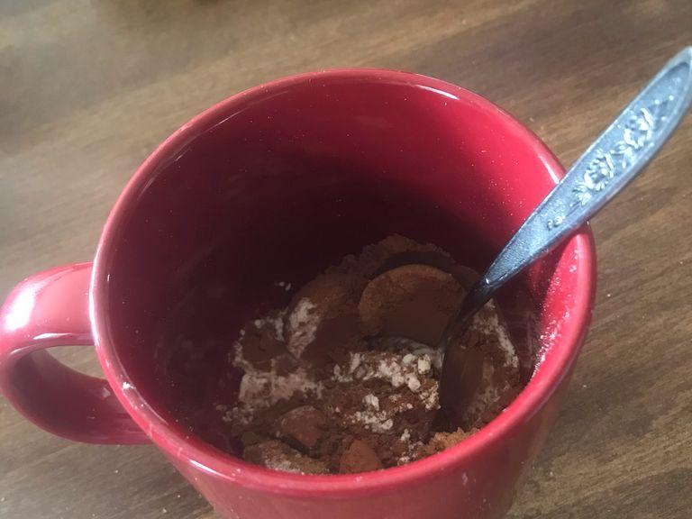 Mix the flour, brown sugar, cocoa powder,and salt together in a microwaveable mug