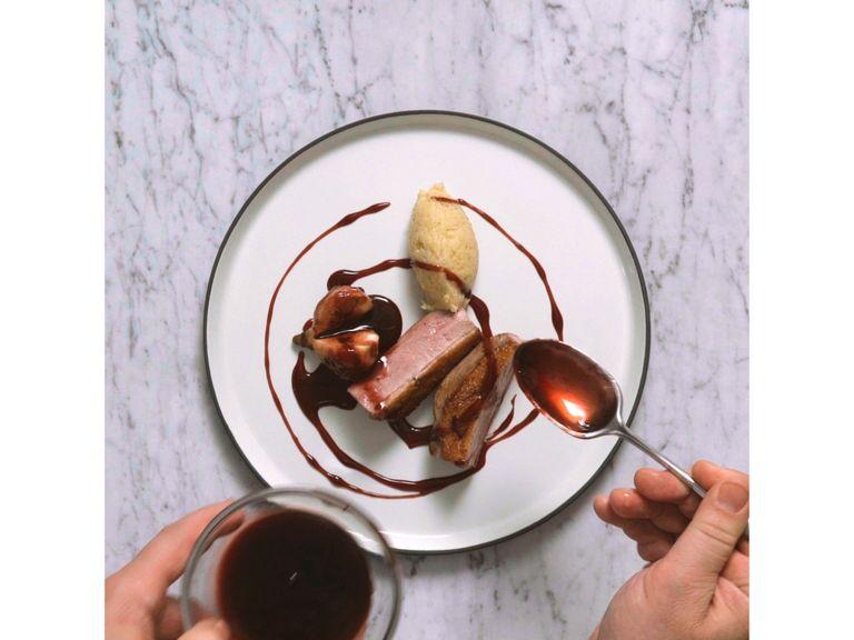 To serve, slice duck breast and halve figs. Arrange on serving plates together with parsnip puree, then drizzle with cassis reduction and sprinkle with thyme.