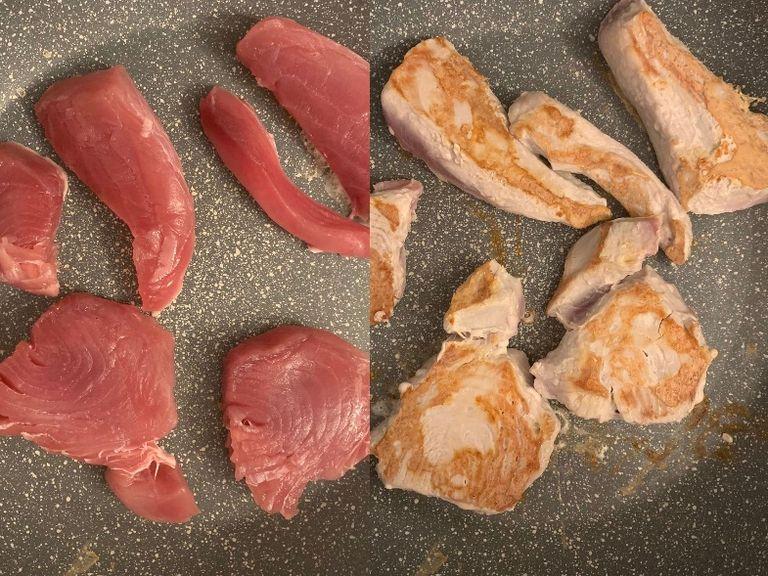Add the tuna steaks to a pre-heated pan. Sear the tuna steaks for about 3-4 minutes, then repeat on the other side. Add a pinch of salt. You can lengthen the cooking time if you want to make sure that the tuna is fully cooked through. 