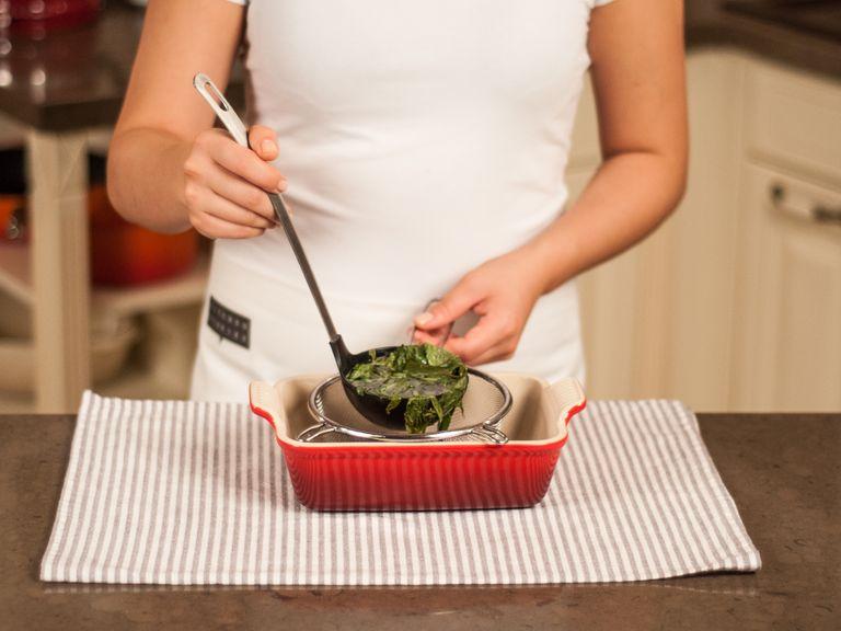 Place sieve inside of a casserole dish. Pour basil-tarragon syrup through the sieve and remove wilted herbs. Transfer granita to freezer and allow to set for approx. 5 – 6  hours.