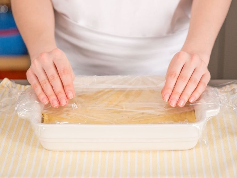 Line baking dish with plastic wrap. Add batter, smooth top, and cover with more plastic wrap. Refrigerate for approx. 4 hrs. or overnight, until firm.