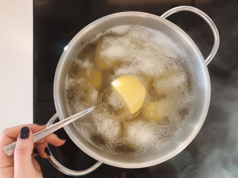 Peel potatoes and boil in a pot of salted water until tender, approx. 20 min.