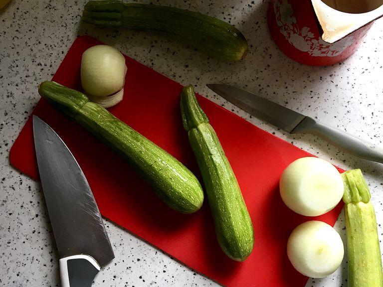 Cut zucchini into matchsticks or half-moon rounds. Add to a large pan over medium heat with a drizzle of olive oil. Cook for 3-4 min. until a bit soften. Season to taste with salt & pepper. Remove from the heat.