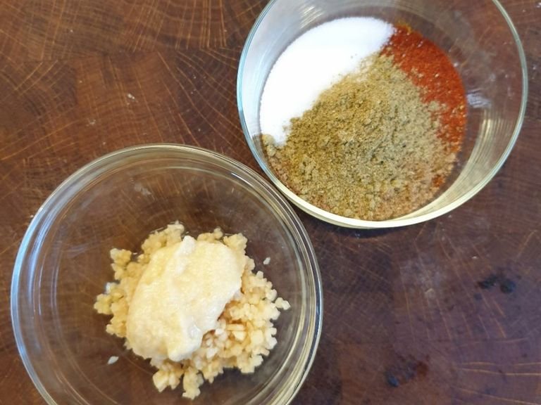 While the whole spices are frying, prepare the garlic, ginger, and dry ingredients. Reserve one teaspoon of the garam masala.