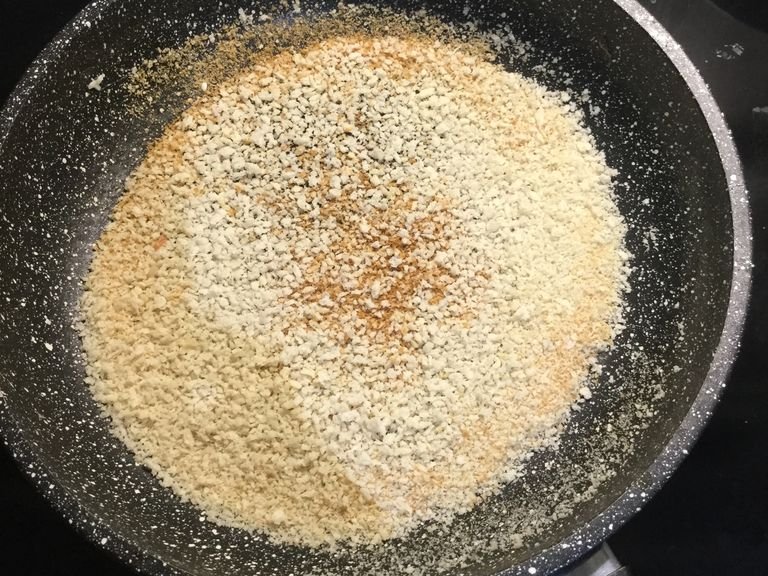 In the meantime, prepare the panko breadcrumbs. Add to frying pan, cook and stir until golden brown.