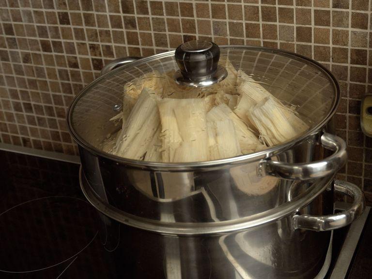 Steam tamales for 35 minutes on medium heat. Do not heat them for too long or on very high heat, otherwise they will be too wet and soggy