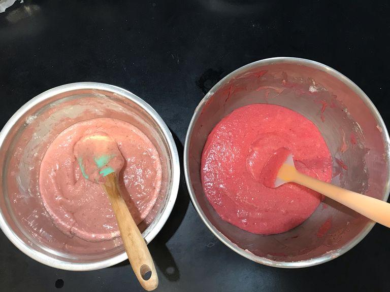 Divide the batter evenly between two bowls. Tint one with red food coloring and mix until colored.